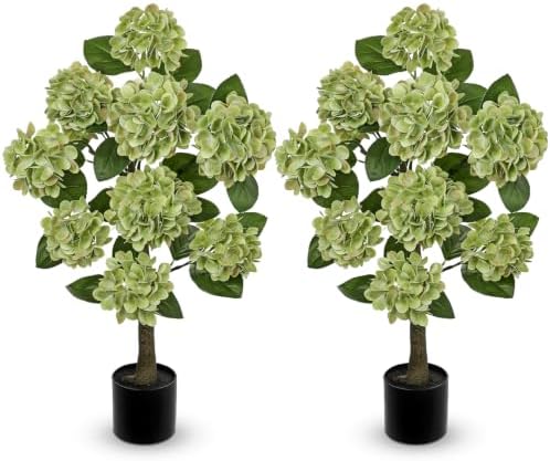 3FT Green Hydrangea Artificial Flowers Tree Large Real Touch Faux Silk Hydrangea Plants Potted Fake Flower in Black Pot for Home Indoor Outdoor Front Porch Garden Entrance Living Room Decor, 2 Pack by Hollyone