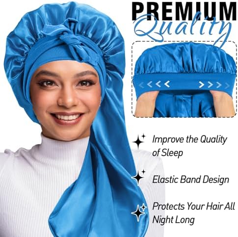 2Pcs Bonnets for Black Women Braid Bonnet, Large Long Satin Bonnet for Braids, Silk Bonnet with Stretchy Tie Band Sleep Cap Hair (2Pcs-Black&Blue) - Image 2