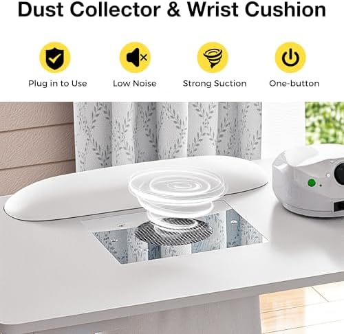Manicure Table Nail Desk with Dust Collector & Wheels (White) - Image 4