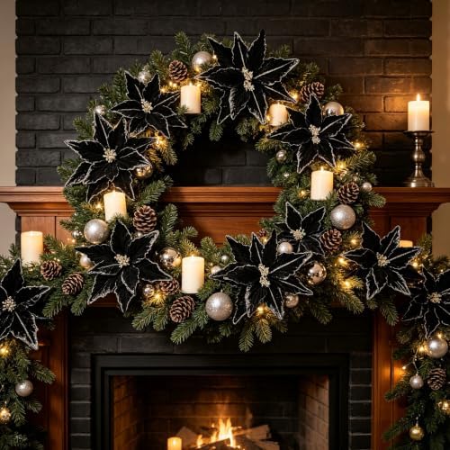 Kimura's Cabin 6Pcs 11Inch Artificial Poinsettia Christmas Flower Set,Black - Image 5