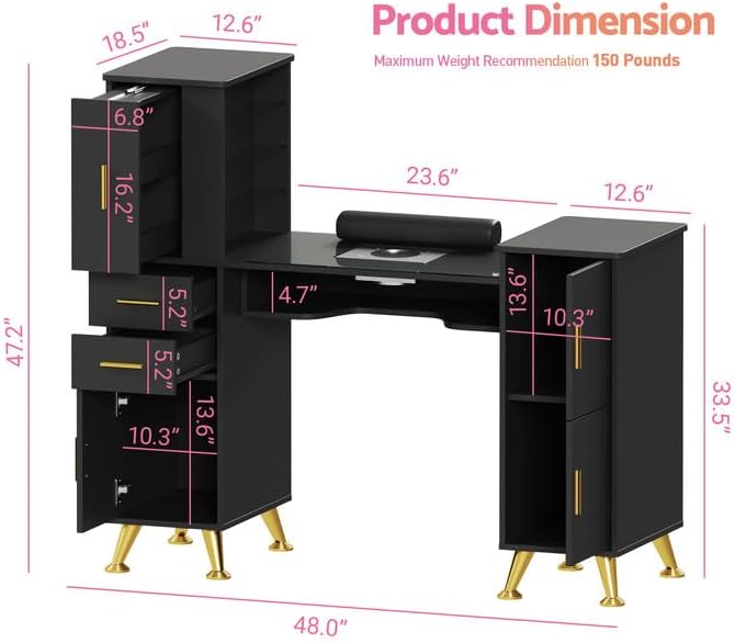 Kikihouse Nail Desk Manicure Table with Dust Collector & Glass Top (Black) - Image 3