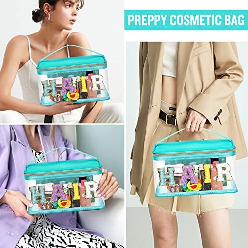 Chenille Letter Clear Makeup Bags Hair Pouch, Preppy Patch Makeup Bag Zipper with Handle, Transparent PVC & Nylon Waterproof Glitter Cosmetic Handbag Travel Toiletry Storage for Women Girl(HAIR-Green) - Image 5