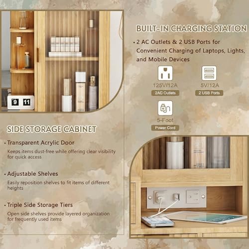 49" Wooden Vanity Desk with Mirror and Lights, Fluted Boho Makeup Vanity Table with Modern Glass Top, Charging Station, 5 Drawers, 2 Cabinet with Adjustable Shelves, Light Wood - Image 5