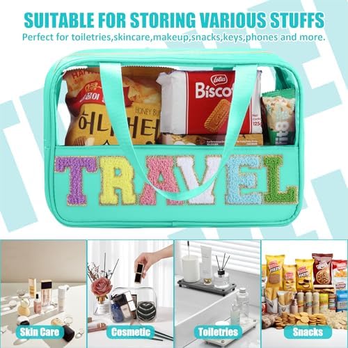 BuyCard Chenille Letter Patch Clear Travel Bags, Preppy PVC&Nylon Makeup Bag with Handle and Zipper, Waterproof Large Clear Travel Toiletry Bag Storage Bag for Women Girls(Blue-Green) - Image 4