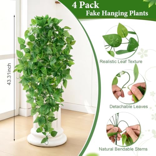 4Pcs Fake Hanging Plants, 32" Artificial Plants Greenery Pothos Ivy Vines - Image 4