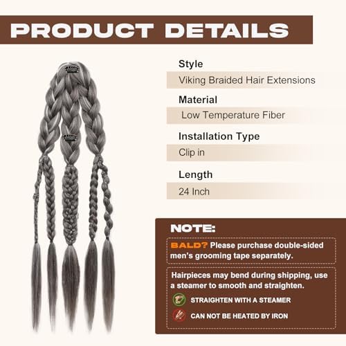 NTYNTY Viking Hair Extensions for Men – 24" Handcrafted Clip In Braided Ponytail Hairpiece for Halloween Viking Costume Renaissance Warrior Accessories - Silver Gray - Image 3