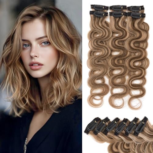 Rich Choices Clip In Hair Extension Real Human Hair-Wave/Curly 6 Pcs Single Clip Hairs Extension for Women-Invisible Mini Clips in Hairpieces-14 Inch #4P27 Medium Brown Highlighted Dark Blonde by RichChoices