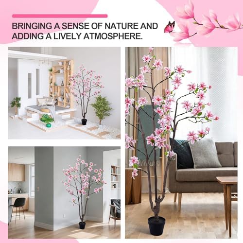 Giegxin 6 FT Tall Artificial Magnolia Tree, 72 Inches Faux Magnolia Trees Realistic UV-Resistant Flower Leaves Plant with Pot for Patio Home Office Wedding Living Room Indoor Outdoor Decor(Deep Pink) - Image 5