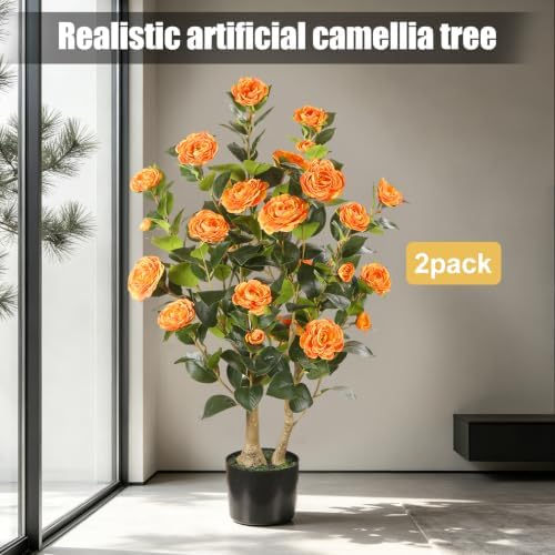 Artificial Camellia Tree 2 Pack, 3FT Faux Camellia Plant with Orange Flowers Lifelike, Faux Greenery for Living Room, Patio, or Wedding - Image 5