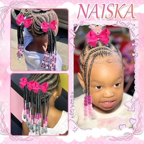 NAISKA 62PCS Valentine's Day Hair Beads 4.7in Hair Bow Clips Large Hole Girls Braids Beads Valentines Hair Jewelry Lovely Rose Red Pink Hair Accessories Kit for Kids Girls - Image 7