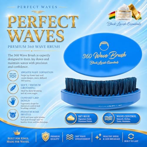 360 Wave Brush, Soft, Build Deeper Waves & Hard Boar Bristle, Curved Design, Black Lavish Essentials Signature (Medium-Hard Brush, Sky Blue) - Image 4