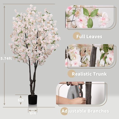 Artificial White Cherry Blossom Tree 5.7ft(68in) Faux Lifelike Plant - Image 5