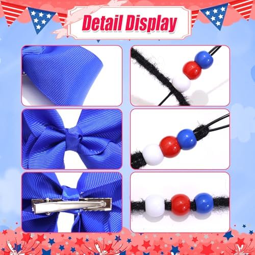 NAISKA 62PCS 4th of July Hair Beads for Braids Festival Hair Bow Clips Red White Blue Loc Beads Ribbon Bow Hair Jewelry Braids Clips with Bow Independence's Day Hair Accessories for Girls - Image 6