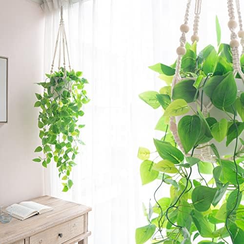 Mkono Fake Hanging Plant, Macrame Hanger with Pothos Vines & Pot, Ivory - Image 2