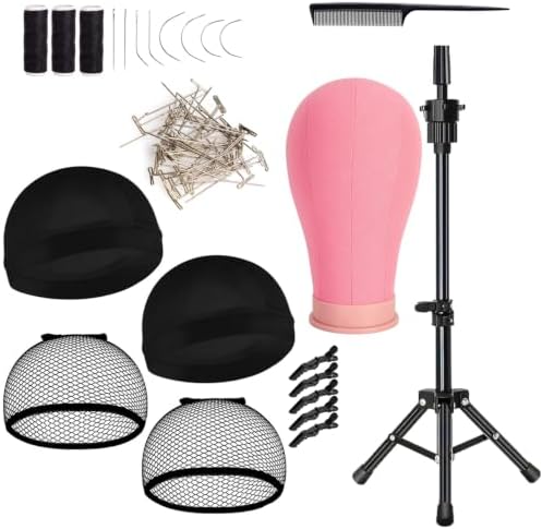 23 Inch Wig Head Canvas Head with Stand Cork Canvas Mannequin Head with Wig Head Stand Manikin Head Block Set for Wigs Trimming Making Display with T Pins Set (Pink) by Unknown