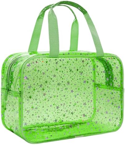 Large Clear Makeup Bag 12x5x8 Green Star Pattern - Waterproof PVC Travel Cosmetic Organizer with Handle, Durable Transparent Toiletry Case for Women Girls Travel Gym Beach Storage by junesters