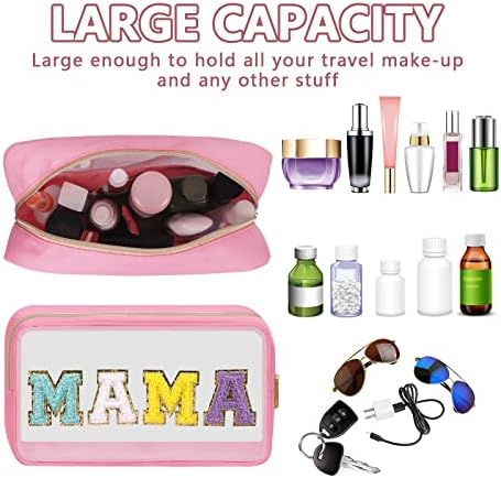 Iqimott Clear Patch Makeup Bag Mama Pouch, Preppy Personalized Chenille Letter Cosmetic Pouch for Travel, Nylon Waterproof Travel Essentials Zipper Toiletry Bags for Women Girls(MAMA, Pink) - Image 4