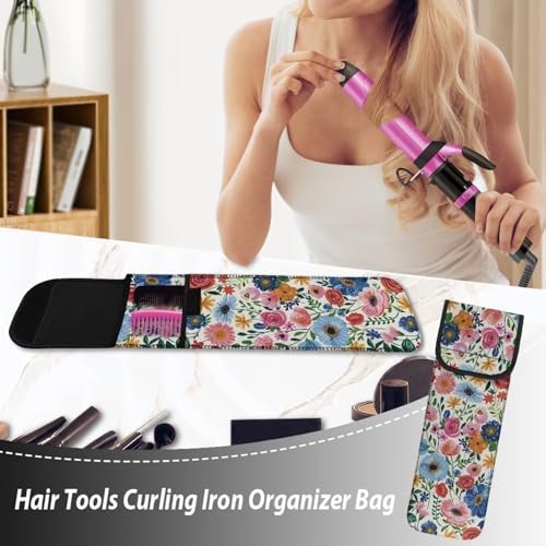 Flashideas Colorful Flowers Flat Iron Case Curling Iron Organizers and Storage with Pocket Heat Resistant Neoprene Curling Iron Holder Universal Curling Iron Cover Sleeve Hot Tools Travel Bag - Image 3