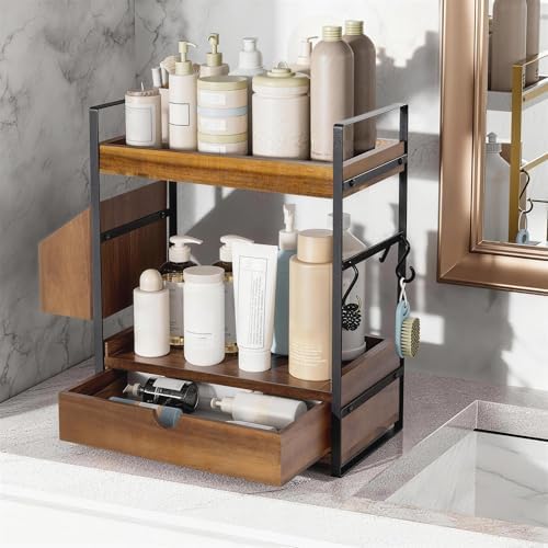 2-Tier Bathroom Counter Organizer, Acacia Wood Vanity Shelf with Drawer - Image 6