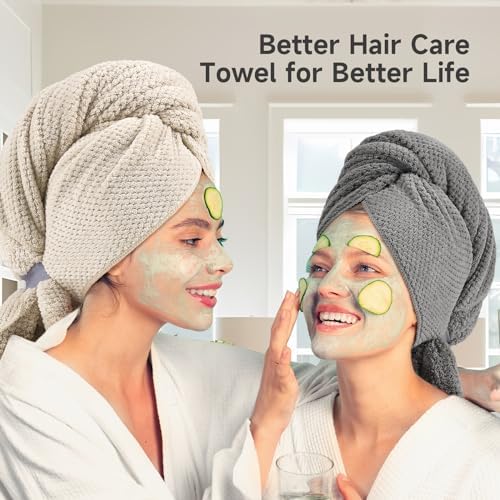 Umisleep Extra Large Microfiber Hair Towel, Ultra Absorbent, Grey, Camel - Image 2