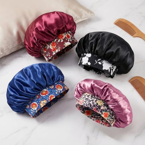 4 Pack Satin Silk Bonnet, Sleep Bonnet, Red, Pink, Blue, Black - Image 5