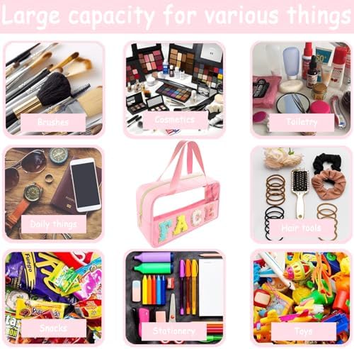 Bunliuys Chenille Letter Clear Makeup Bag Face Patch, Travel Toiletry Makeup Bag with Handle, Nylon Waterproof Makeup Bags clear cosmetic bag, preppy patch makeup bag for Women (FACE-Pink) - Image 5