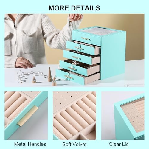 Frebeauty Jewelry Box for Women,Clear Lid Jewelry Organizer with 5 Drawers - Image 5