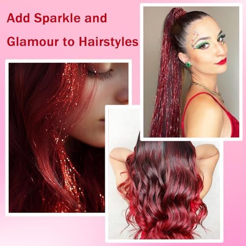 NIACONN Glitter Hair Tinsel Extensions Kit Red with Tools and Beads, 48 Inch Sparkly Fairy Colorful Tensile Strands Shiny Hair Accessories for Women Girls Kids - Image 4