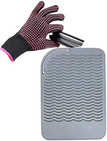 Heat Resistant Glove with Silicone Bump Mat for Curling Iron, Hair Straightener, Flat Irons - 9 x 6.5 Food Grade Mat, Grey by AFT90