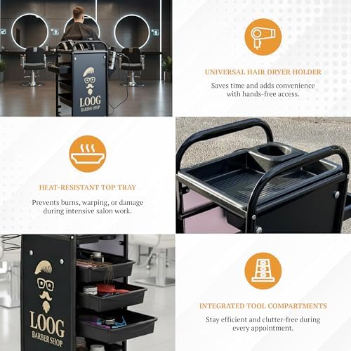 Salon Hairdressing Trolley with 5 Slide-Out Drawers | Professional Rolling Beauty Cart with Lockable Wheels, Durable Plastic Build, Heat-Resistant Top, Tool Holders | Black Salon Organizer - Image 3