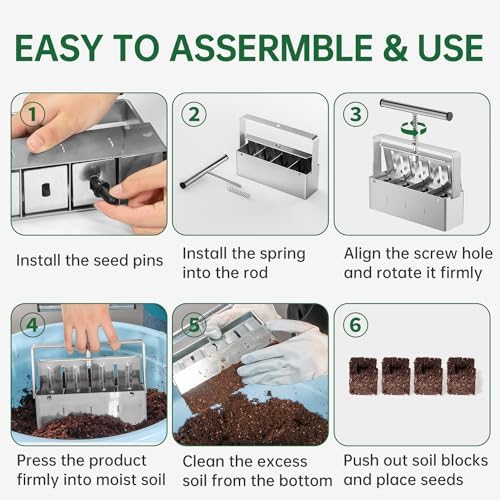 Soil Blocker, 2 Inch Soil Block Maker with 3 Sizes Seed Pins & Comfortable Handle 4 Cell Handlheld Soil Blocking Tool for Seed Starting, Grow Seedling, Outdoor Plants, Greenhouses, Garden - Image 4