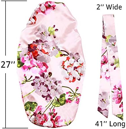 Extra Large Satin Bonnet for Women Sleeping, Silky Elastic Sleep Cap with Tie Band, Double-Layer Long Hair Bonnet for Braids/Curly/Long Hair (Pink Floral) - Image 2