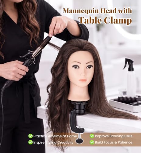 30" Mannequin Head Human Hair, 80% Real Hair Mannequin Head with Clamp - Image 3