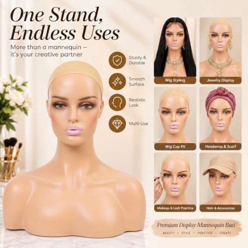 Realistic Female Mannequin Head with Shoulders – Lifelike Cosmetology Manikin Display Bust for Wigs, Jewelry, Necklaces, Hats, Sunglasses, Scarves & Makeup Practice. (Brown Pink Lip) - Image 2