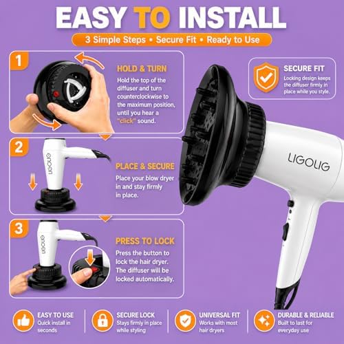 LIGOLIG Hair Difuser Attachment Universal Diffuser Hair Dryer for 1.4-inch to 2.4- inch Blow Dryer, Hair Diffuser for Curly Hair and Natural Wavy Hair (Black) - Image 4
