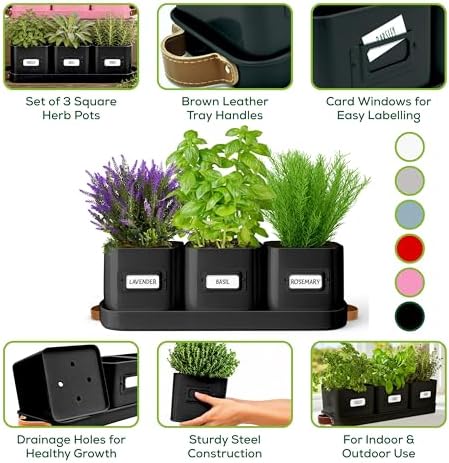 volila Herb Planter Indoor - Set of 3 Black Indoor Herb Garden Pots for Plants with Leather Handled Tray - Window Sill Plant Shelf - Herb Pots with Drainage Holes and Labels - Image 3