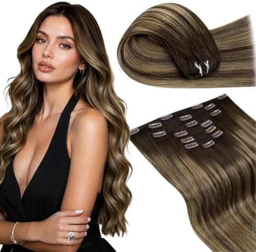 LaaVoo 150g Real Hair Extensions Clip in Human Hair Neutral Brown Balayage by LaaVoo
