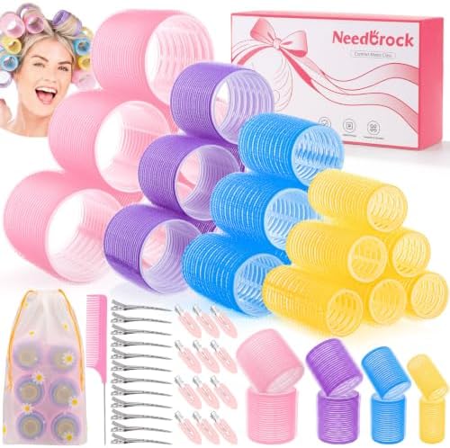 4 Sizes Heatless Rollers Hair Curlers Set with Clips Comb, 4 Colors by Needbrock
