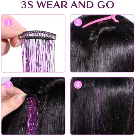 IDN BEAUTY Hair Tinsel Clip In Purple Sparkle Hair Extensions 24 Inch 6pcs - Image 2
