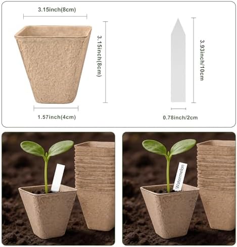 3.15 Inch Peat Pots 60 Pack, Square Seed Starting Pots with Plant Labels - Image 2