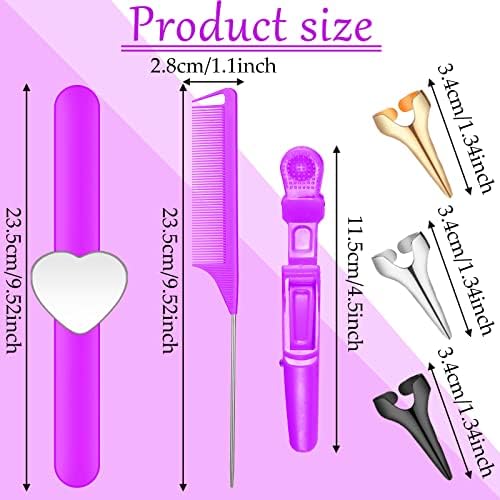 22 Pieces Magnetic Wrist Sewing Pincushion with Braiding Tools, Stainless Steel Pintail Rat Tail Comb, Wide Teeth Alligator Sectioning Clip, and Hair Parting Ring for Hair (Purple) - Image 2