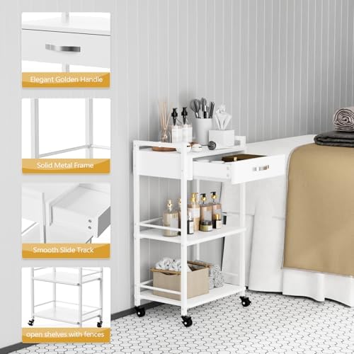 OmySalon Salon Trolley Cart with Wheels, Esthetician Cart with 1 Drawer & 2 Trays, Mobile Storage Organizer for Beauty Spa Massage Tattoo Esthetic Facial Tool Holder Station, White - Image 4