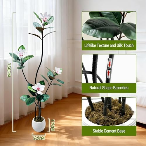 5 FT Artificial Magnolia Tree with Pot, Faux Flower Tree with White Magnolia Blooms and Green Leaves, Potted Artificial Plant for Living Room, Bedroom, Office, Entryway, Store, Home Dector - Image 2