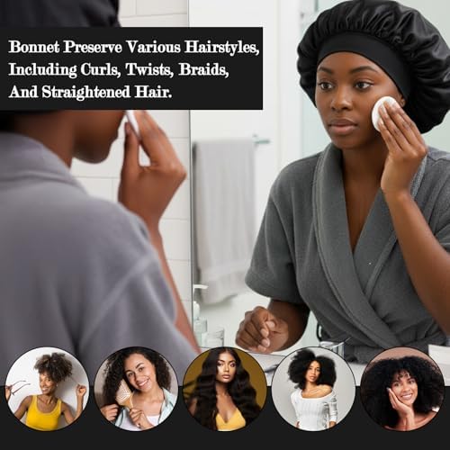 12 Pcs Silk Bonnet for Women Curly Hair Satin Bonnet Hair Wrap for Sleeping Cap with Tie Band Soft and Breathable (Black) - Image 6