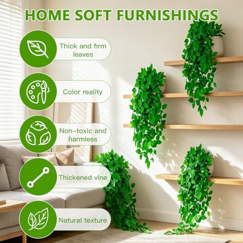 Artificial Hanging Plants, 4pcs Fake Pothos Vine Greenery for Wall Decor - Indoor Outdoor Home Living Room Hanging Decor, No Basket Included - Image 5