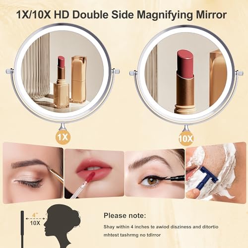 9 Inch Large Rechargeable Lighted Makeup Vanity Mirror Wall Mounted, 1X/10X Magnifying Mirror with Light for Bathroom 3000mAh USB Charging, Chrome Wall Mounted Mirror Swing Arm with 3 Light for Makeup - Image 6