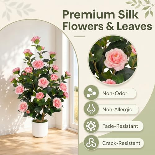 2 Pack 3FT Artificial Camellia Trees with Pink Flowers - Image 4