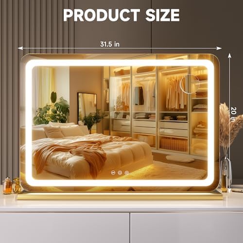 Hasipu Vanity Mirror with Lights, 31.5" x 20" LED Makeup Mirror, Lighted Makeup Mirror with Dimmable 3 Modes, Touch Screen Control Vanity Mirror Round Gold - Image 2