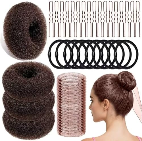 YINGFENG 134 Pcs Brown Hair Bun Maker Kit Medium - 4 Bun Hair Pieces for Women, 20 Hair Net for Buns, 100 Bobby Pins for Women, 10 Hair Bands, for Ballet Styling, Hair Accessories for Girls by YINGFENG