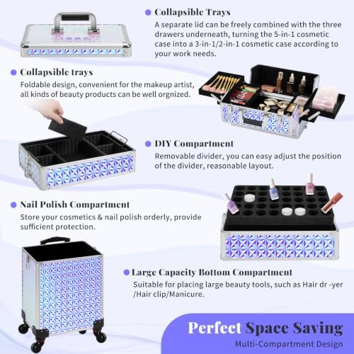 AROUS 5 in 1 Rolling Makeup Train Case with Lid Cosmetology Case on Wheels - Image 3